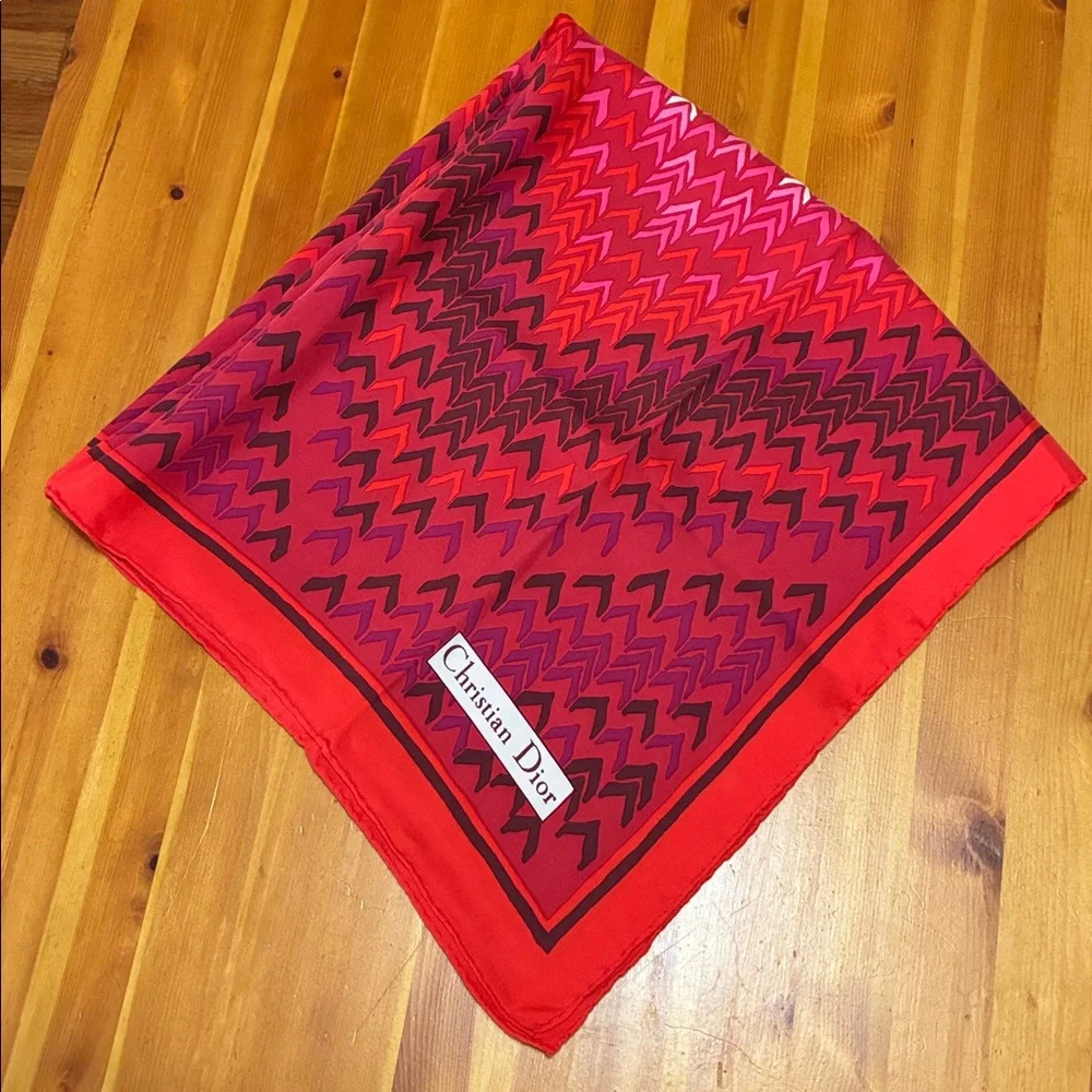 Vintage Christian Dior Silk Vibrant Red and Pink Patterned Scarf